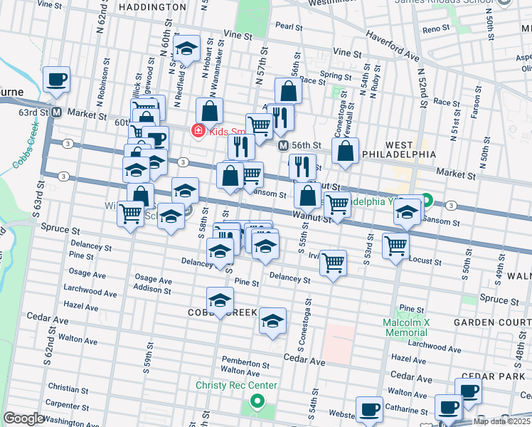 map of restaurants, bars, coffee shops, grocery stores, and more near 5620 Sansom Street in Philadelphia