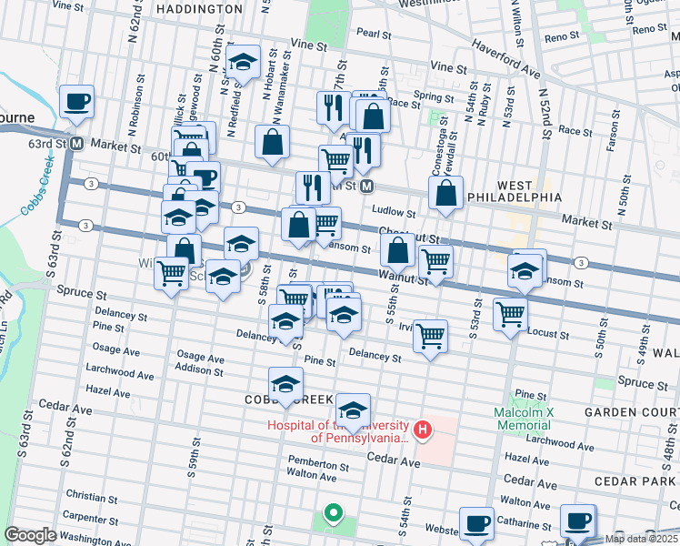 map of restaurants, bars, coffee shops, grocery stores, and more near 5620 Sansom Street in Philadelphia