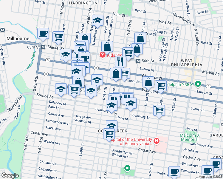 map of restaurants, bars, coffee shops, grocery stores, and more near 5749 Walnut Street in Philadelphia
