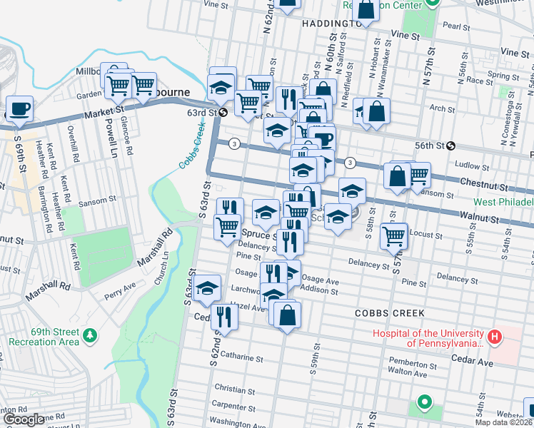 map of restaurants, bars, coffee shops, grocery stores, and more near 6132 Chancellor Street in Philadelphia