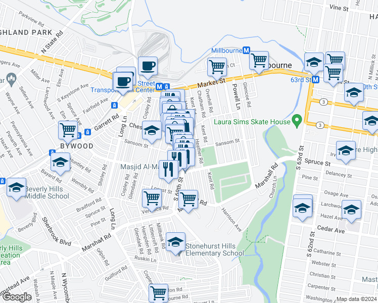 map of restaurants, bars, coffee shops, grocery stores, and more near 119 South 69th Street in Delaware County