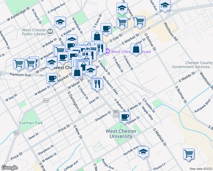 map of restaurants, bars, coffee shops, grocery stores, and more near 225 Mechanics Street in West Chester
