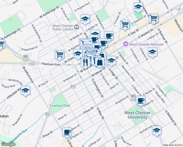 map of restaurants, bars, coffee shops, grocery stores, and more near 116 Market Street in West Chester