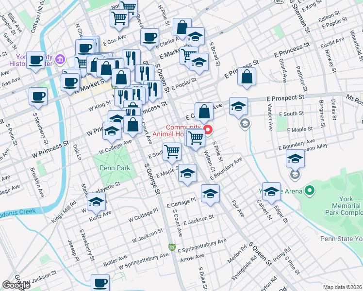 map of restaurants, bars, coffee shops, grocery stores, and more near 142 East Church Avenue in York