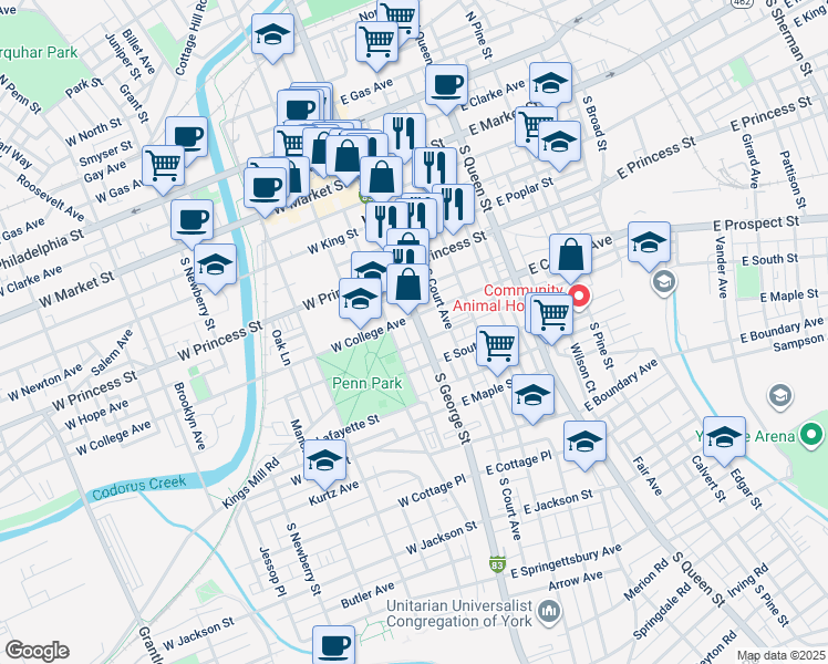 map of restaurants, bars, coffee shops, grocery stores, and more near 11 East College Avenue in York