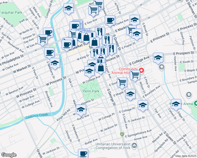 map of restaurants, bars, coffee shops, grocery stores, and more near 243 South Cherry Lane in York