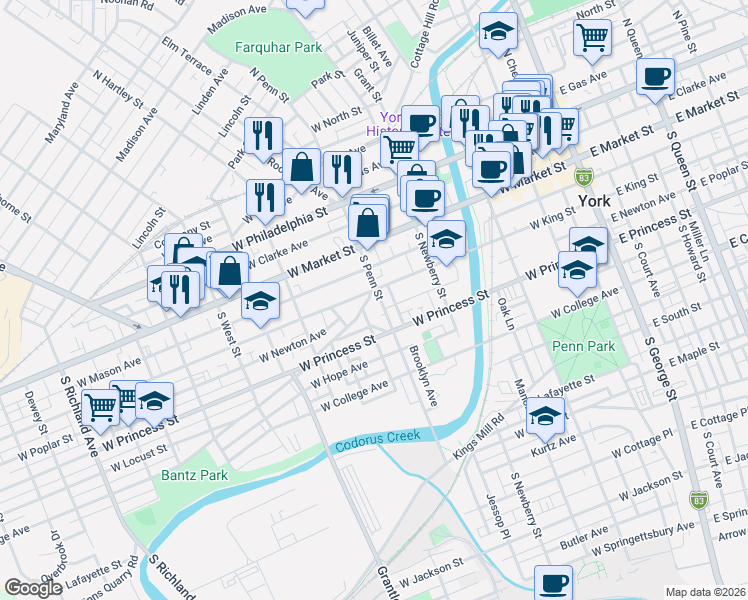 map of restaurants, bars, coffee shops, grocery stores, and more near in York