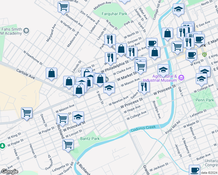 map of restaurants, bars, coffee shops, grocery stores, and more near 541 West Market Street in York