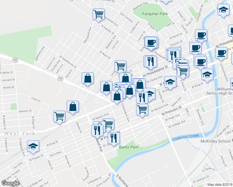 map of restaurants, bars, coffee shops, grocery stores, and more near 665 West Philadelphia Street in York