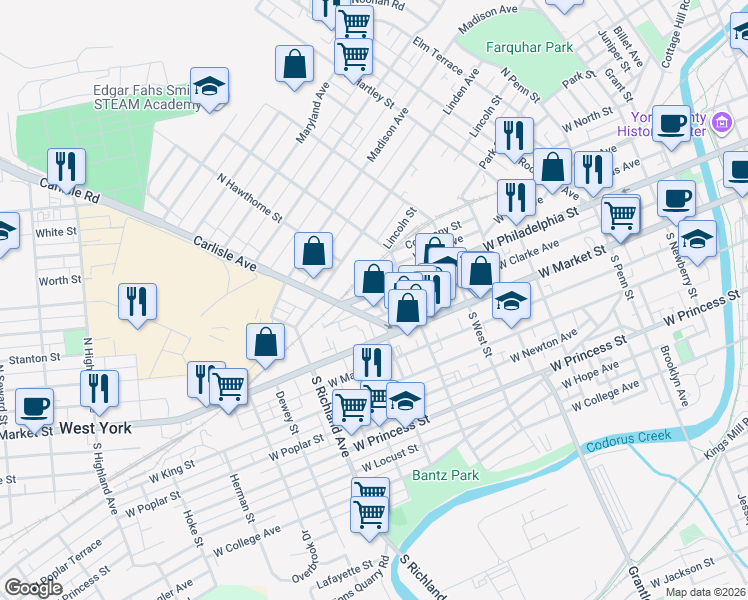 map of restaurants, bars, coffee shops, grocery stores, and more near 739 West Philadelphia Street in York