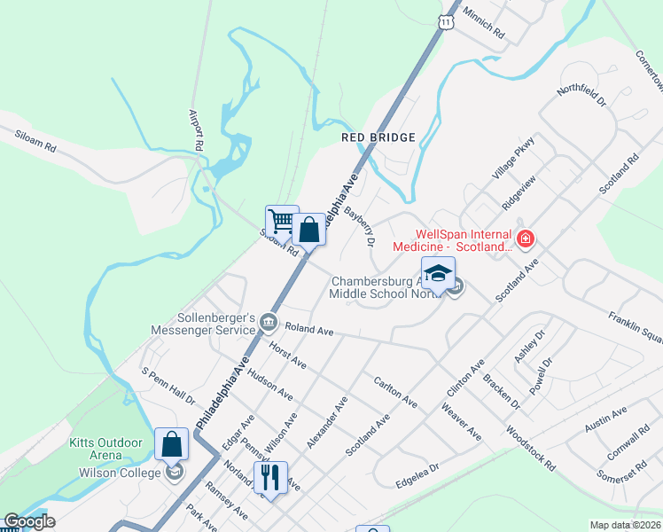 map of restaurants, bars, coffee shops, grocery stores, and more near 136 Sequoia Court in Chambersburg