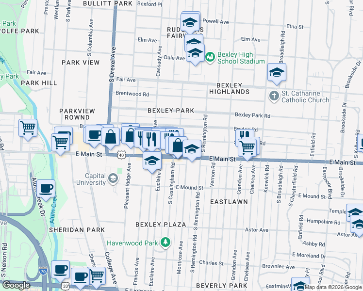 map of restaurants, bars, coffee shops, grocery stores, and more near 2504 Sherwood Road in Columbus