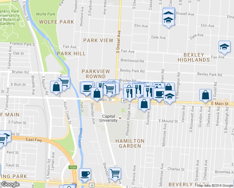 map of restaurants, bars, coffee shops, grocery stores, and more near 515 South Drexel Avenue in Bexley