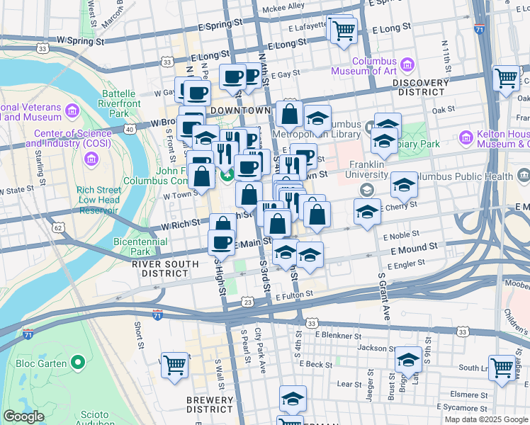 map of restaurants, bars, coffee shops, grocery stores, and more near in Columbus
