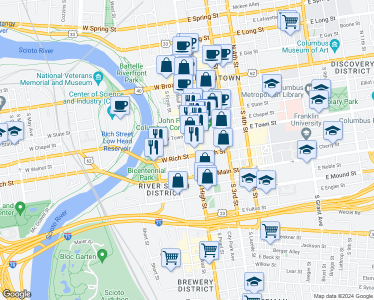 map of restaurants, bars, coffee shops, grocery stores, and more near 185 South Wall Street in Columbus