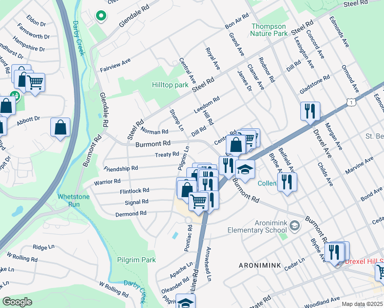 map of restaurants, bars, coffee shops, grocery stores, and more near 69 Treaty Road in Drexel Hill