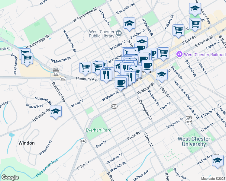 map of restaurants, bars, coffee shops, grocery stores, and more near 313 West Market Street in West Chester