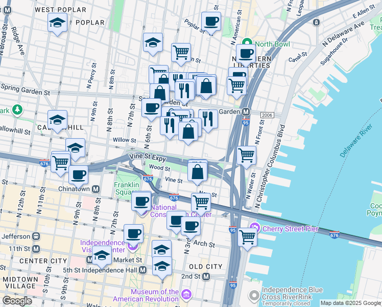 map of restaurants, bars, coffee shops, grocery stores, and more near in Philadelphia
