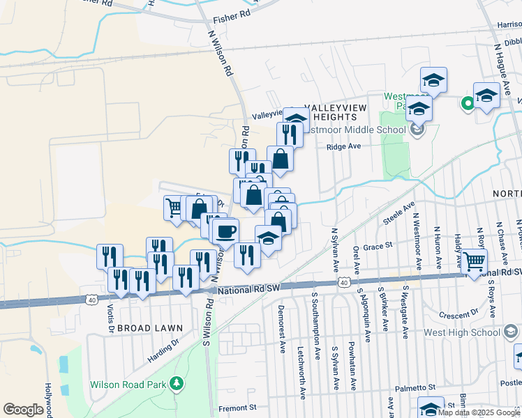 map of restaurants, bars, coffee shops, grocery stores, and more near 3498 Great Western Boulevard in Columbus
