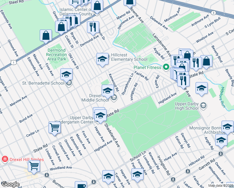 map of restaurants, bars, coffee shops, grocery stores, and more near 818 Kenwood Road in Drexel Hill
