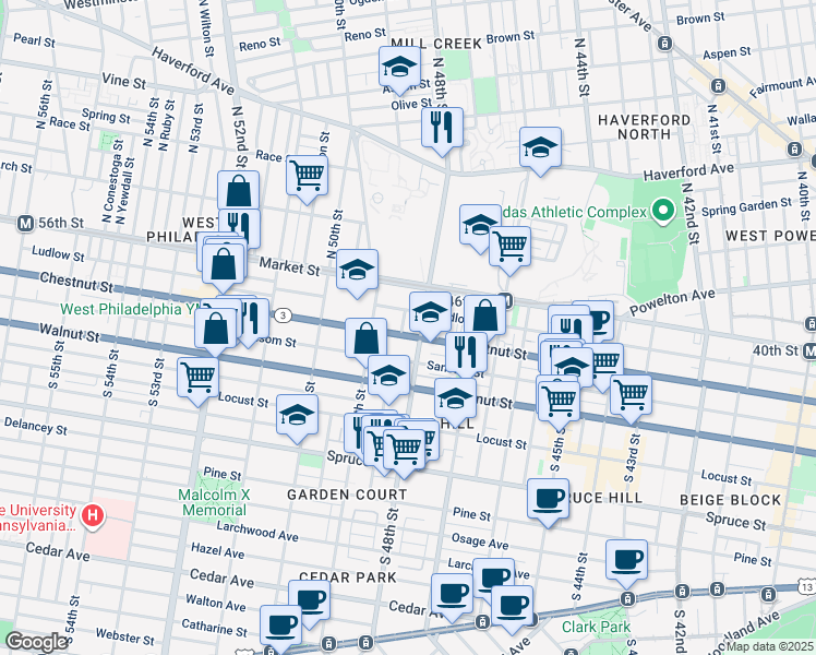 map of restaurants, bars, coffee shops, grocery stores, and more near 4811 Chestnut Street in Philadelphia
