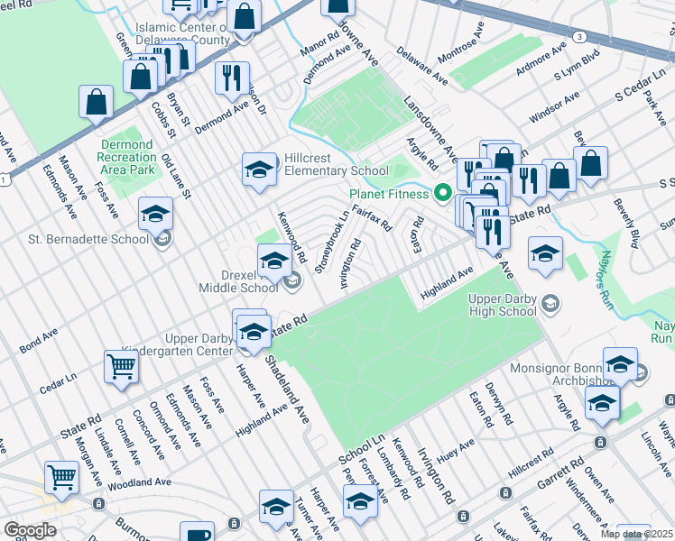map of restaurants, bars, coffee shops, grocery stores, and more near 810 Irvington Road in Drexel Hill