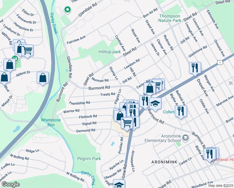 map of restaurants, bars, coffee shops, grocery stores, and more near 101 Treaty Road in Delaware