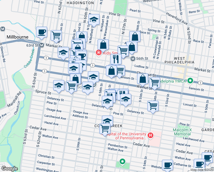 map of restaurants, bars, coffee shops, grocery stores, and more near 5749 Walnut Street in Philadelphia