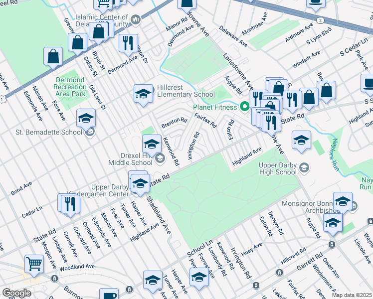 map of restaurants, bars, coffee shops, grocery stores, and more near 810 Irvington Road in Drexel Hill