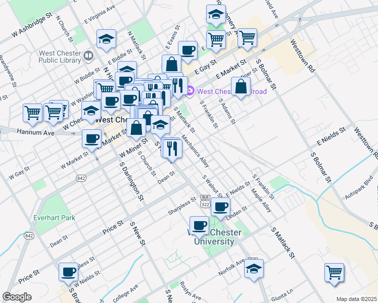 map of restaurants, bars, coffee shops, grocery stores, and more near 225 Mechanics Street in West Chester