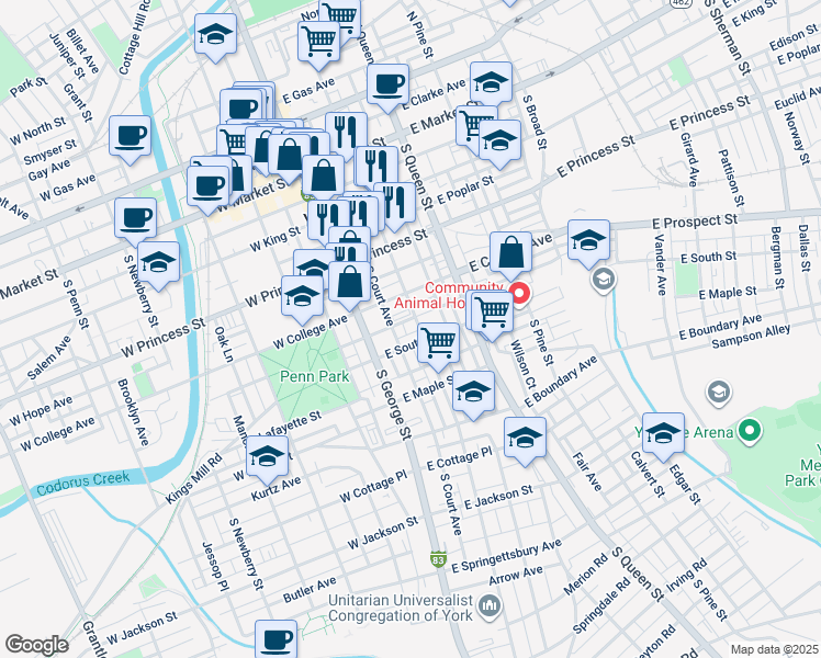 map of restaurants, bars, coffee shops, grocery stores, and more near 340 South Duke Street in York