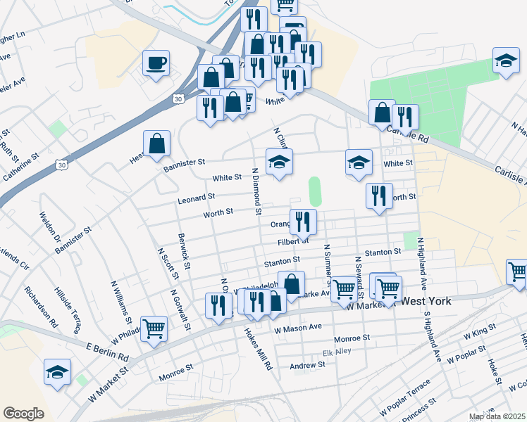 map of restaurants, bars, coffee shops, grocery stores, and more near 1860 Worth Street in York