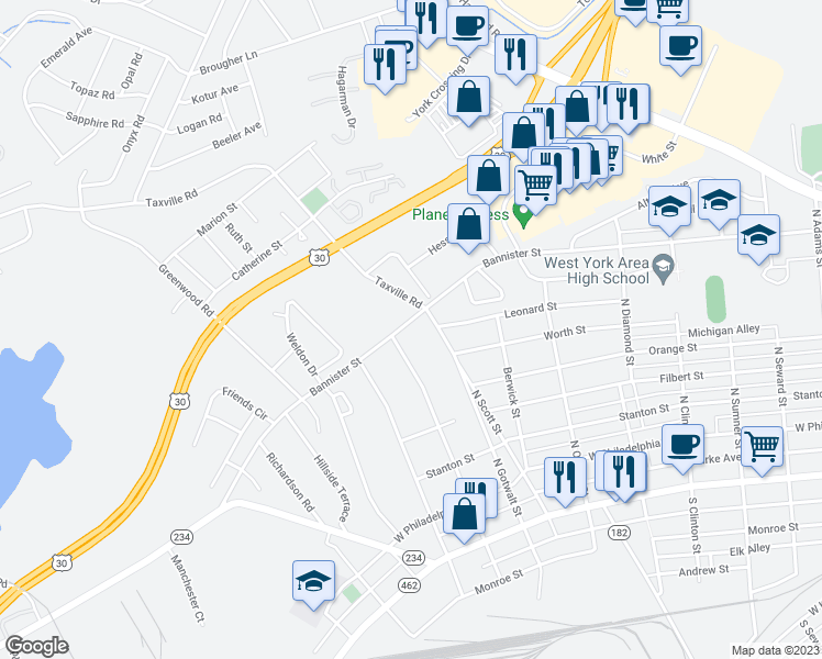 map of restaurants, bars, coffee shops, grocery stores, and more near 2248 Bannister Street in York