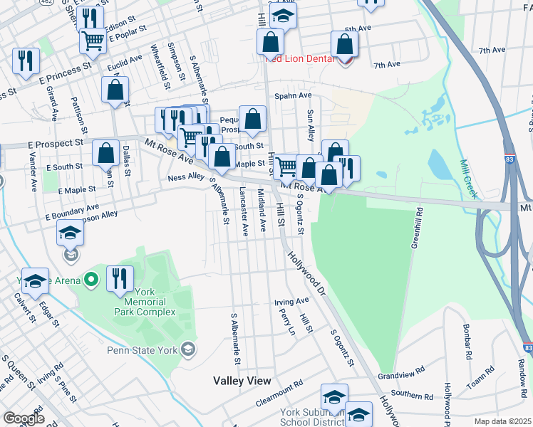 map of restaurants, bars, coffee shops, grocery stores, and more near 807 Midland Avenue in York
