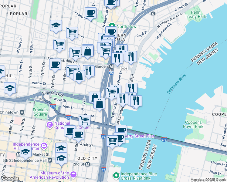 map of restaurants, bars, coffee shops, grocery stores, and more near 412 North Front Street in Philadelphia
