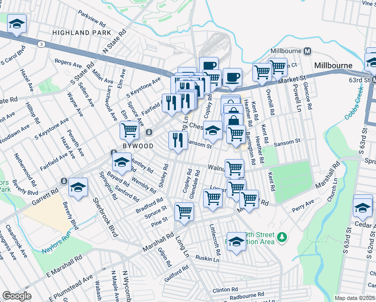 map of restaurants, bars, coffee shops, grocery stores, and more near 222 Springton Road in Upper Darby