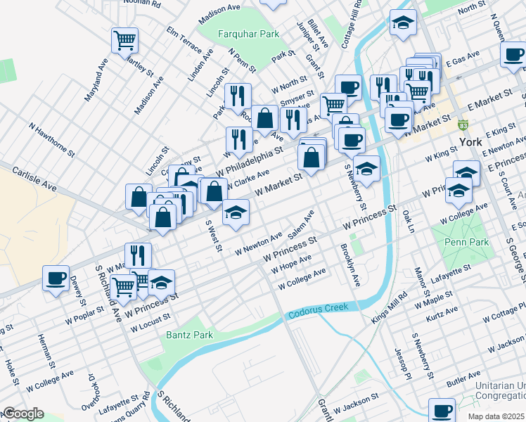map of restaurants, bars, coffee shops, grocery stores, and more near 33 South Hartley Street in York