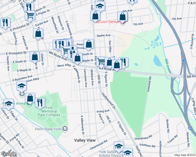 map of restaurants, bars, coffee shops, grocery stores, and more near 808 Hill Street in York