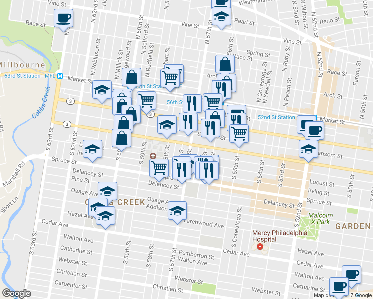 map of restaurants, bars, coffee shops, grocery stores, and more near 212 South 57th Street in Philadelphia