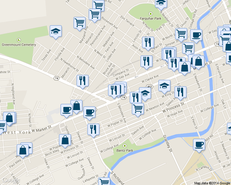 map of restaurants, bars, coffee shops, grocery stores, and more near 657 West Clarke Avenue in York