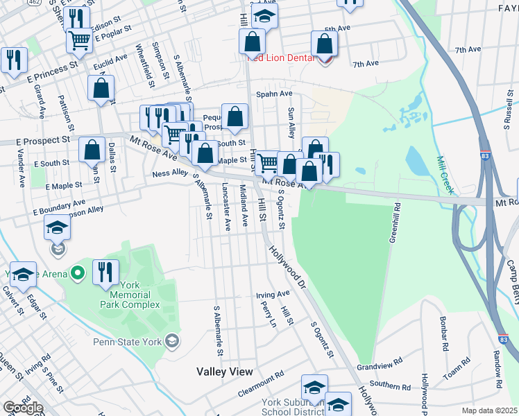 map of restaurants, bars, coffee shops, grocery stores, and more near 808 Hill Street in York