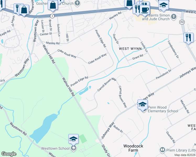 map of restaurants, bars, coffee shops, grocery stores, and more near 1418 Ponds Edge Road in West Chester