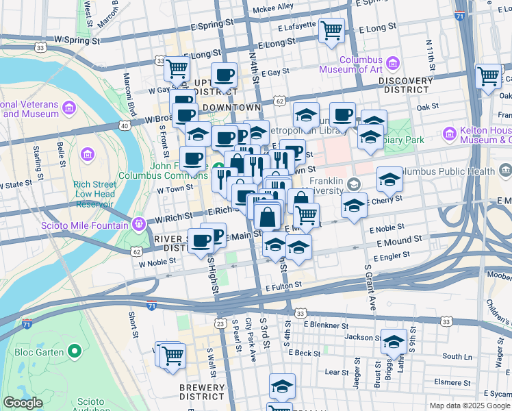 map of restaurants, bars, coffee shops, grocery stores, and more near 115 East Rich Street in Columbus