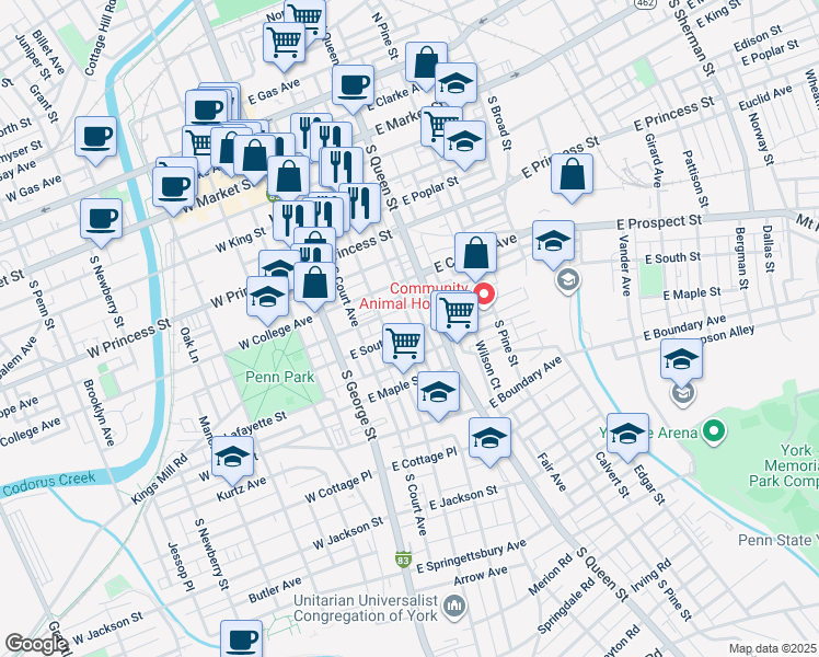 map of restaurants, bars, coffee shops, grocery stores, and more near 125 East South Street in York