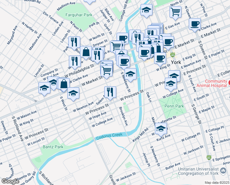 map of restaurants, bars, coffee shops, grocery stores, and more near 343 West King Street in York