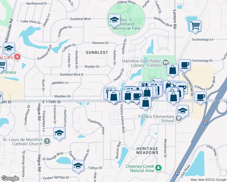 map of restaurants, bars, coffee shops, grocery stores, and more near 11668 Lake Circle in Fishers