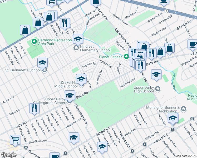 map of restaurants, bars, coffee shops, grocery stores, and more near 822 Hampshire Road in Upper Darby
