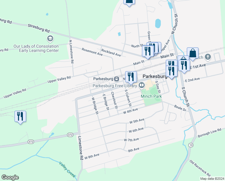 map of restaurants, bars, coffee shops, grocery stores, and more near 538 West 1st Avenue in Parkesburg