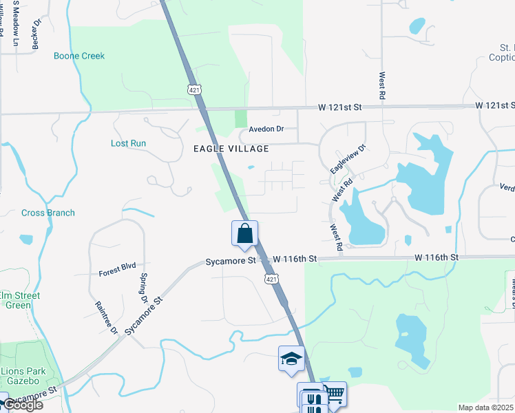 map of restaurants, bars, coffee shops, grocery stores, and more near 11870 Sandy Drive in Zionsville