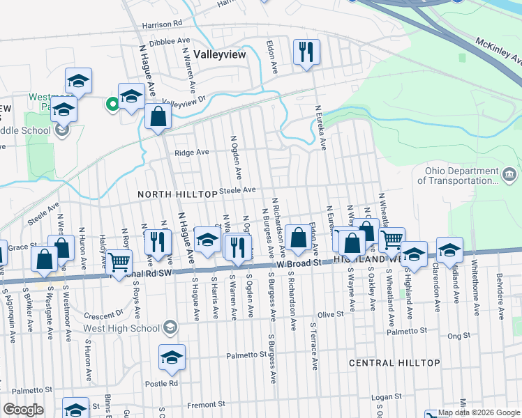 map of restaurants, bars, coffee shops, grocery stores, and more near 153 North Burgess Avenue in Columbus